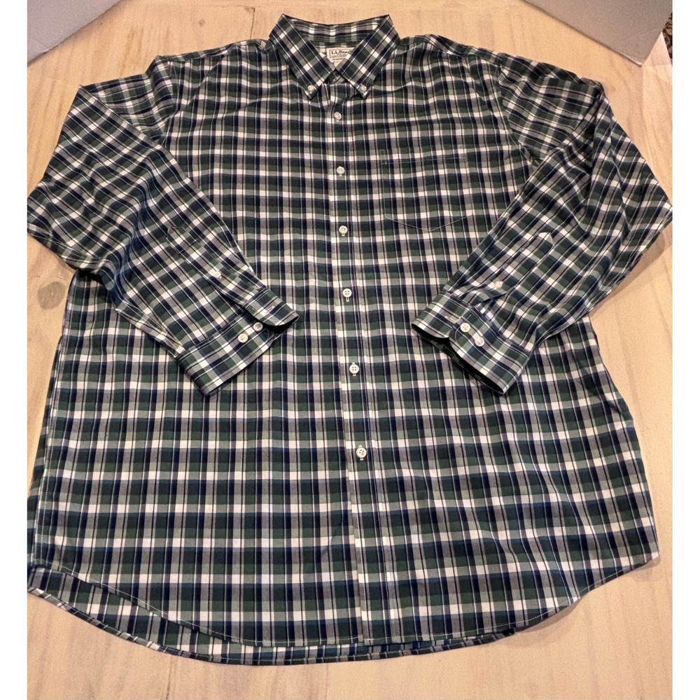 LL Bean Mens XL Traditional Fit Plaid Button Down Shirt Green Blue 288292 Cotton